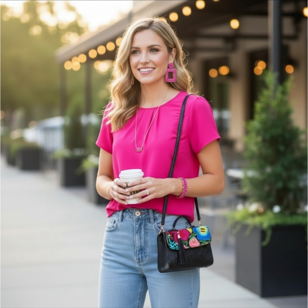 Floral Embroided Embossed Tooled Artisan LEATHER Crossbody Bag Purse - Black